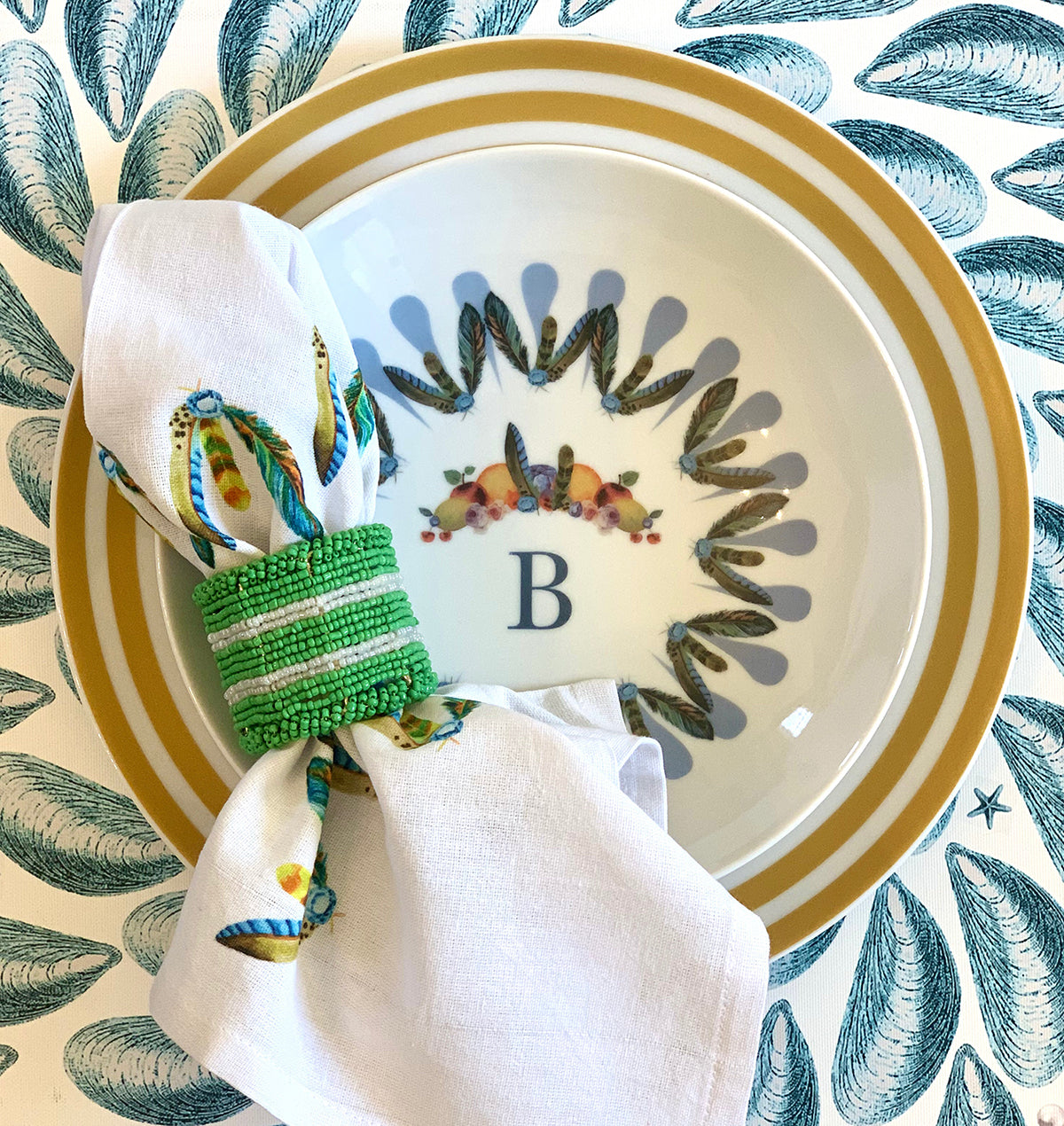 Green and White Beaded Napkin Ring Set